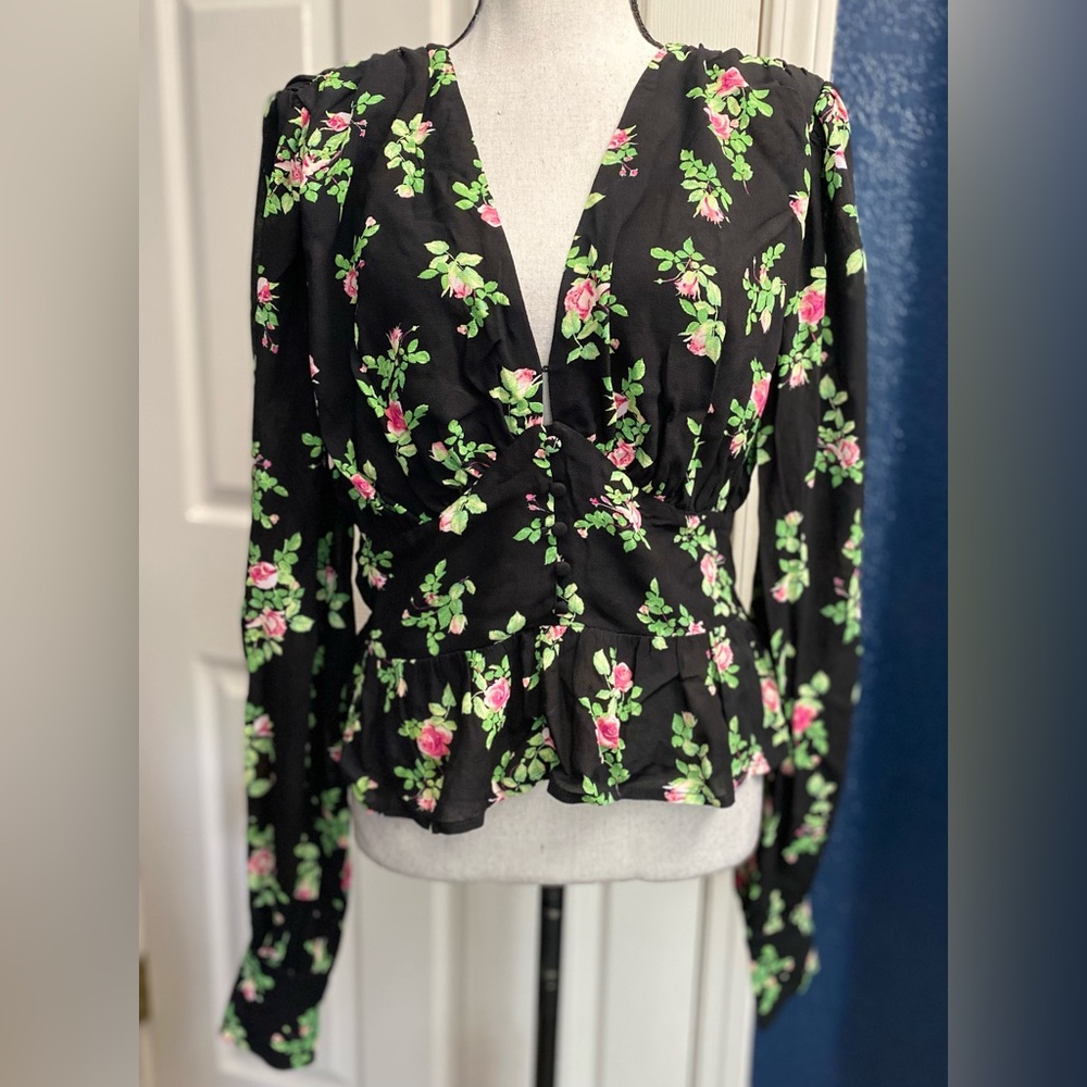 AFRM Black Floral V-Neck Ruffle Peplum Blouse